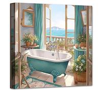 LZIMU Bathroom Wall Decor Teal Bathtub Wall Art Rustic Flower Canvas Prints Sea View from The Window Artwork for Bathroom Restroom Washroom Decor (Bathtub-2, 30.00 x 30.00 cms)