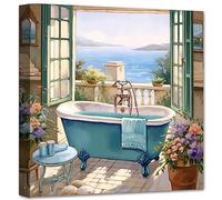 LZIMU Bathroom Wall Decor Teal Bathtub Wall Art Rustic Flower Canvas Prints Sea View from The Window Artwork for Bathroom Restroom Washroom Decor (Bathtub-1, 30.00 x 30.00 cms)