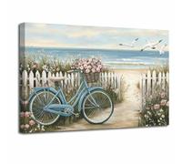 LZIMU Beach Bicycle Canvas Wall Art Blue Coastal Pictures Prints Bike and Rustic Wildflowers Paintings Lighthouse Seagull Sailboat Seascape Artwork Bathroom Decor (Gray, (30L x 45W cm))