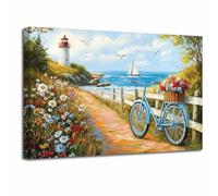 LZIMU Beach Bicycle Canvas Wall Art Blue Coastal Pictures Prints Bike and Rustic Wildflowers Paintings Lighthouse Seagull Sailboat Seascape Artwork Bathroom Decor (Green, (40L x 50W cm))