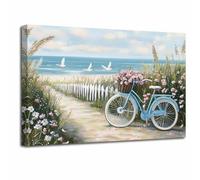 LZIMU Beach Bicycle Canvas Wall Art Blue Coastal Pictures Prints Bike and Rustic Wildflowers Paintings Lighthouse Seagull Sailboat Seascape Artwork Bathroom Decor (Blue, (30L x 45W cm))