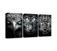 LZIMU Black and White Animals Wall Art Set of 3 Eagle Tiger Leopard with Blue Eyes Painting Print on Canvas Wildlife Picture Wall Decor for Office Framed (Animal-3, 24.00"x36.00"x3P)