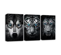 LZIMU Black and White Animals Wall Art Set of 3 Wolf Tiger Lion with Blue Eyes Painting Print on Canvas Wildlife Picture Wall Decor for Office Framed (Animal-1, 11.00"x14.00"x3P)