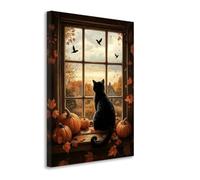 LZIMU Black Cat Canvas Wall Art Fall Pumpkin Paintings Animal Halloween Prints Vintage Farmhouse Poster Autumn Leaves Picture for Living Room Kitchen Decor (Black, 50L x 40W cm)