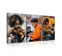 LZIMU Black Child Wall Art 3 Pieces Abstract Black Music Picture African American Music Canvas Prints Boy Girl Playing Violin Prints Musical Club Decor Framed (12.00" x 16.00" x 3PCS)