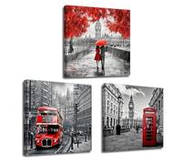 LZIMU Black White and Red Canvas Wall Art Romantic Couple with Umbrella London Big Ben Berlin Street Oil Painting Prints Anniversary Decor Framed (Romantic-3, 12"x12"x3P)