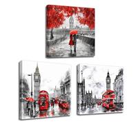 LZIMU Black White and Red Canvas Wall Art Romantic Couple with Umbrella London Big Ben Berlin Street Oil Painting Prints Anniversary Decor Framed (Romantic-2, 12"x12"x3P)