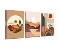 LZIMU Boho Wall Art Set of 3 Neutral Geometric Plant Canvas Prints Mid Century Palm Leaf Sun Mountain Pictures Modern Minimalist Art Bedroom Decor (Boho-1, 16"x24"x3P Frame)