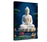 LZIMU Buddha Wall Art Meditation Room Decor Pink Lotus Candle Pictures Blue Buddha Statue Canvas Prints Zen Painting for Spa Yoga Room Framed (24L x 16W)
