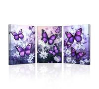 LZIMU Butterfly Canvas Wall Art 3 Pieces Butterflies with Flower Pictures Prints Framed Butterfly Wall Decor for Fantasy Girls Room (Purple, 12x16inchx3 Pieces)