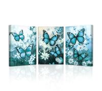 LZIMU Butterfly Canvas Wall Art 3 Pieces Butterflies with Flower Pictures Prints Framed Butterfly Wall Decor for Fantasy Girls Room (Teal, 11x14inchx3 Pieces)