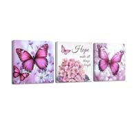 LZIMU Butterfly Canvas Wall Art 3 Pieces Hydrangea Butterfly Picture Inspirational Quotes Poster Prints Floral Painting for Bathroom Office Decor Framed (Pink, 12x12inchx3 Pieces)
