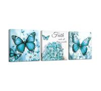 LZIMU Butterfly Canvas Wall Art 3 Pieces Hydrangea Butterfly Picture Inspirational Quotes Poster Prints Floral Painting for Bathroom Office Decor Framed (Teal, 12x12inchx3 Pieces)