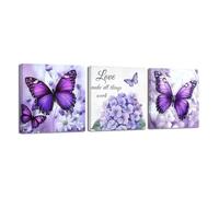 LZIMU Butterfly Canvas Wall Art 3 Pieces Hydrangea Butterfly Picture Inspirational Quotes Poster Prints Floral Painting for Bathroom Office Decor Framed (Purple, 12x12inchx3 Pieces)