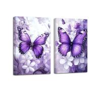 LZIMU Butterfly Wall Art Set of 2 Butterfly Pictures Wall Decor Rustic Floral Canvas Prints for Girls Bedroom Nursery Decor Framed (Purple, 12x16inchx2 Pieces)