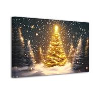LZIMU Christmas Tree Canvas Wall Art Christmas Decor Pine Tree Painting Winter Scene Forest Snow Landscape Pictures for Xmas Holiday Indoor Frame (Gold, 12L x 18W)