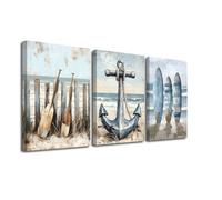 LZIMU Coastal Beach Wall Art Bathroom Picture Wall Decor Set of 3 Oars Anchor Surfboard Canvas Print Vintage Nautical Artwork for Beach House Framed (Blue, 12x16inchx3 Pieces)