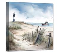 LZIMU Coastal Beach Wall Art Seascape Lighthouse Ship Canvas Print Bathroom Painting Blue Calming Shore Artwork for Coastal Themed Lake Home Decor (Coastal-3, 50.00 x 50.00 cms)