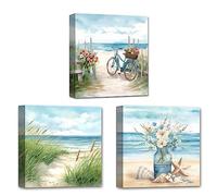 LZIMU Coastal Canvas Wall Art 3 Panel Sand Dune Seaside Bicycle and Flower Canvas Print Blue Beach Seascape Painting for Bathroom Home Decor (Coastal-1, 30.00 x 30.00 cmsx3P)