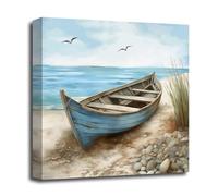 LZIMU Coastal Wall Art Bathroom Decor Nautical Boat on Beach Canvas Prints Ocean Seagull Seascape Sea Painting Framed Artwork for Home Decor (Coastal-2, 16.00"x16.00")