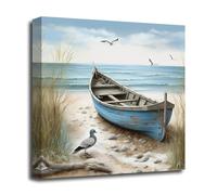 LZIMU Coastal Wall Art Bathroom Decor Nautical Boat on Beach Canvas Prints Ocean Seagull Seascape Sea Bird Painting Framed Artwork for Home Decor (Coastal-1, 16.00"x16.00")