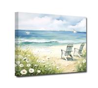 LZIMU Coastal Wall Art Bathroom Decor Seaside Beach Chair Flower Canvas Print Ocean Seascape Waves Painting Framed Artwork for Home Decor (Coastal-1, 12.00"x18.00")