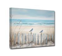 LZIMU Coastal Wall Art Bathroom Decor Seaside Fence and Birds Canvas Print Ocean Beach Seascape Painting Framed Artwork for Home Decor (Coastal-4, 12.00"x18.00")