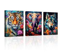 LZIMU Colorful Animals Canvas Wall Art 3 Pieces Wolf Tiger Elephant Head Picture Prints Abstract Flower Wildlife Portrait Artwork for Office Home Decor Framed (Animals-4, 12.00"x18.00"x3PCS)