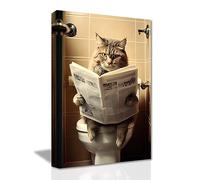 LZIMU Cute Cat Wall Art - Sitting on Toilet Reading Newspaper, Canvas Prints, Funny Animal Bathroom Picture, Framed (Bathroom-5, 12"x18" (30.00 x 45.00 cms))