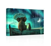 LZIMU Elephant Canvas Wall Art Northern Lights Wall Decor Elephant Holding Umbrella Sitting on Boat with Penguin Pictures Prints Aurora Scenery Decor (20.00"x30.00")