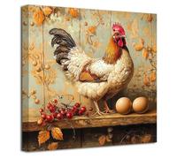 LZIMU Farm Chicken Wall Art Rooster Pictures Kitchen Wall Decor Rustic Farmhouse Canvas Prints Country Farm Coop Animal Painting Vintage Poster Cabin Framed (Yellow, (16L x 16W))