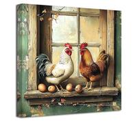 LZIMU Farm Chicken Wall Art Rooster Pictures Kitchen Wall Decor Rustic Farmhouse Canvas Prints Country Farm Coop Animal Painting Vintage Poster Cabin Framed (Green, (18L x 18W))