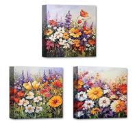 LZIMU Flowers Wall Art 3 Panels Daisy Colorful Canvas Floral Pictures Landscape Wildflowers Painting Print Purple Yellow Floral Poster for Home Decor (Flowers-3, 25.00 x 25.00 cmsx3P)