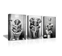 LZIMU Funny Bathroom Wall Decor 3 Panel Dog Elephant Rabbit Sitting on Toilet Reading Newspaper Canvas Prints Black and White Animals Poster Framed (Bathroom-5, 12"x16"x3PCS (30.00 x 40.00cms x 3PCS))