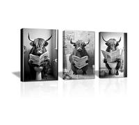 LZIMU Funny Bathroom Wall Decor 3 Panel Highland Cow Sitting on Toilet Reading Newspaper Canvas Prints Black and White Animals Poster