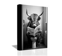 LZIMU Funny Bathroom Wall Decor Cute Highland Cow Sitting on Toilet Reading Newspaper Canvas Prints Black and White Animals Posters Framed (Bathroom-5, 16"x24" (40.00 x 60.00 cms))