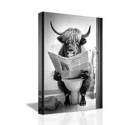 LZIMU Funny Bathroom Wall Decor Cute Highland Cow Sitting on Toilet Reading Newspaper Canvas Prints Black and White Animals Posters Framed (Bathroom-4, 12"x18" (30.00 x 45.00 cms))