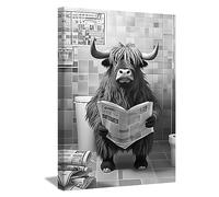 LZIMU Funny Bathroom Wall Decor Highland Cow Sitting on Toilet Reading Newspaper Canvas Prints Black and White Animals Posters Framed (Bathroom-1, 16"x24")