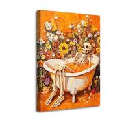LZIMU Funny Skeleton Bathroom Canvas Wall Art Horror Skeleton in Bathtub Canvas Prints Vintage Gothic Skull ＆ Wildflowers Painting for Washroom Toilet Decor Framed (Orange, 18l x 12w)