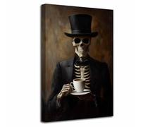 LZIMU Funny Skeleton Wall Art Gothic Picture Skeleton Drinking Coffee Canvas Print Skull in Suit Painting Poster Abstract Vintage Halloween Home Decor (45L x 30W cm)
