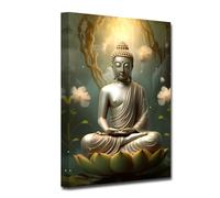 LZIMU Gold Buddha Wall Art Buddha Statue with Lotus Canvas Prints Zen Pictures Spa Decor for Spiritual Meditation Yoga Room Office Framed (Buddha-3, 16.00"x24.00")