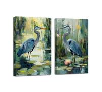 LZIMU Heron Wall Art 2 Pieces Crane with Reed Canvas Prints Coastal Bird Pictures Heron on Beach Painting Ocean Seaside Artwork Bathroom Decor Framed (Green, 11x14inchx2 Pieces)