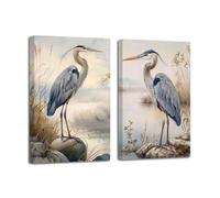 LZIMU Heron Wall Art 2 Pieces Crane with Reed Canvas Prints Coastal Bird Pictures Heron on Beach Painting Ocean Seaside Artwork Bathroom Decor Framed (Blue, 11x14inchx2 Pieces)