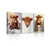 LZIMU Highland Cow Bathroom Wall Art 3 Piece Cow In Bathtub Poster Funny Farm Animal Picture Cattle in Toilet Art Prints Canvas Sign for Rustic Bath Decor (Brown, 12.00" x 16.00" x 3PCS)