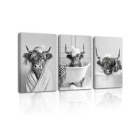 LZIMU Highland Cow Bathroom Wall Art 3 Piece Cow In Bathtub Poster Funny Farm Animal Picture Cattle in Toilet Art Prints Canvas Sign for Rustic Bath Decor (Black, 12.00" x 16.00" x 3PCS)