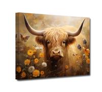 LZIMU Highland Cow Canvas Wall Art Cattle with Flowers Picture Print Farmhouse Animal Poster Frame Artwork for Rustic Country Decor (Cow-3, 12.00"x18.00")
