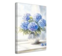 LZIMU Hydrangea Wall Art for Bathroom Blue Hydrangea Picture Rustic Floral Canvas Prints Blue Flower Painting for Living Room Decor Framed (White, 24L x 16W)