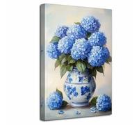 LZIMU Hydrangea Wall Art Vintage Floral Picture Flowers in Vase Canvas Print Rustic Farmhouse Botanical Painting Poster Living Room Bedroom Bathroom Kitchen Decor (Blue, (50L x 40W cm))