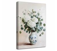 LZIMU Hydrangea Wall Art Vintage Floral Picture Flowers in Vase Canvas Print Rustic Farmhouse Botanical Painting Poster Living Room Bedroom Bathroom Kitchen Decor (White, (50L x 40W cm))
