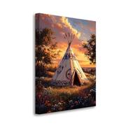LZIMU Indian Tipi Canvas Wall Art Native American Teepee Painting Misty Forest Nature Landscape Picture Print Southwestern Artwork for Camping Cabin Decor Framed (Orange, 16" L x 24" W)